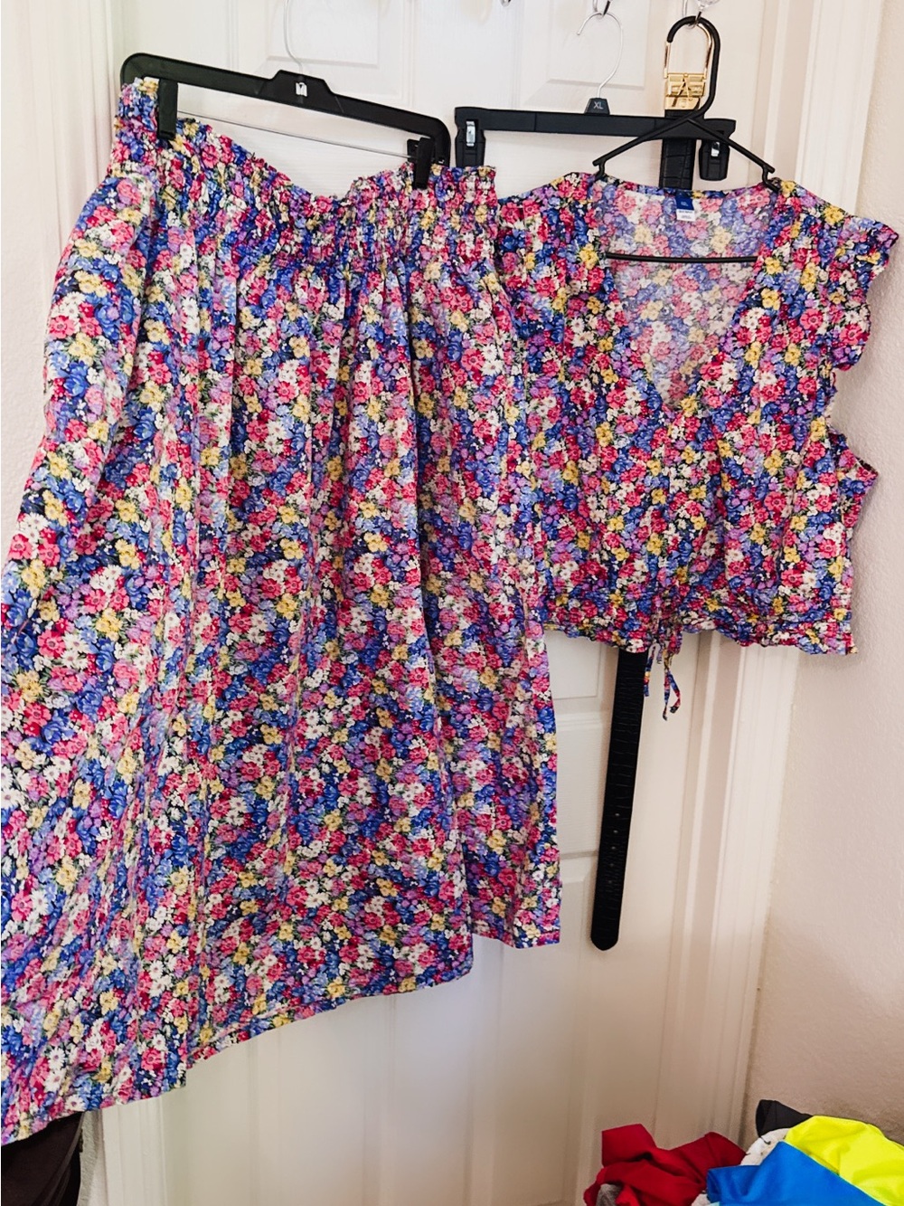 Old Navy Blue Pink Yellow Floral Crop Top and Skirt Set